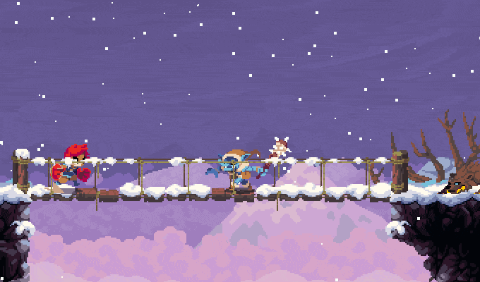 Flynn: Son of Crimson fighting a goblin and wolf on a wooden bridge over a snowy crevasse