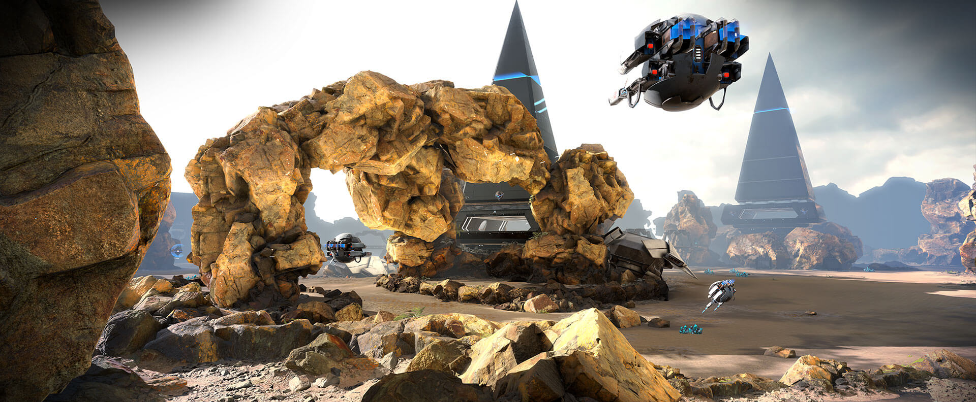 Ground Runner Trials landscape with flying drone and sci-fi pyramids