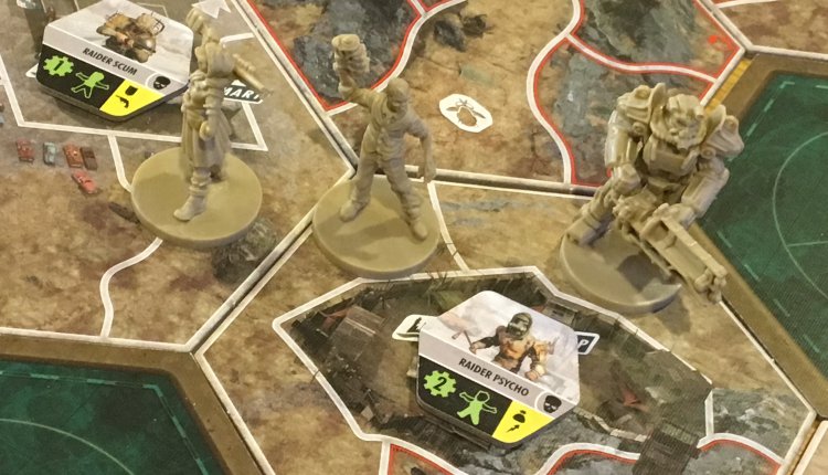 Fallout Board Game Heroes in play, about to face some raiders