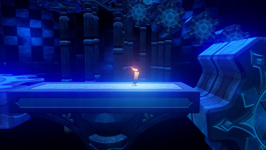Wide shot of Candleman running across a platform with rich blue lighting