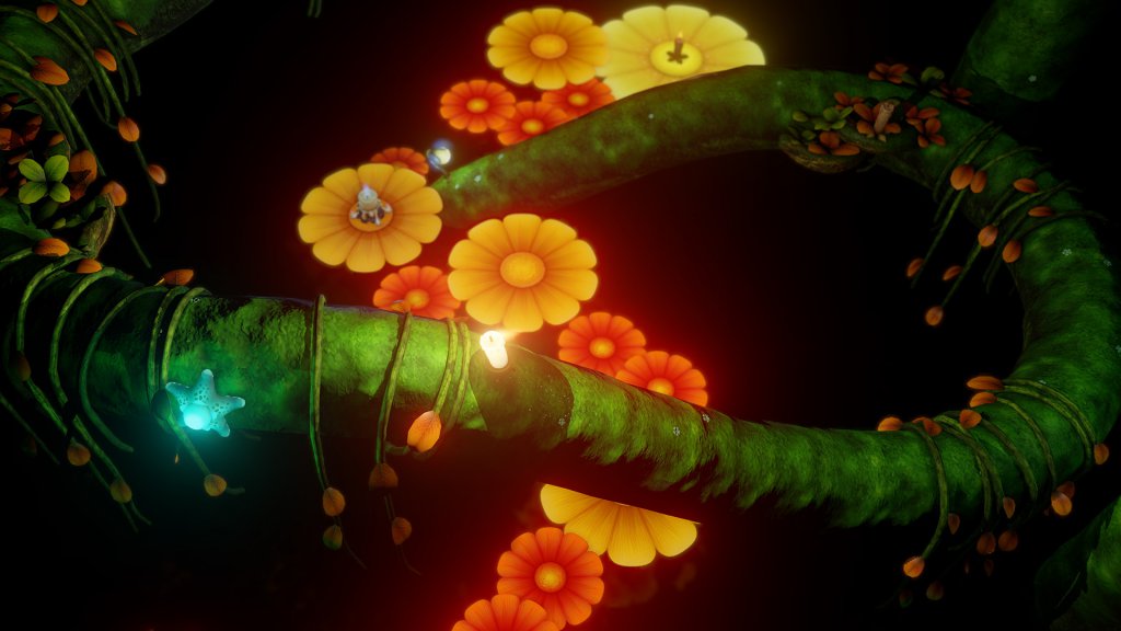 Candleman negotiating a platform of brightly coloured flowers