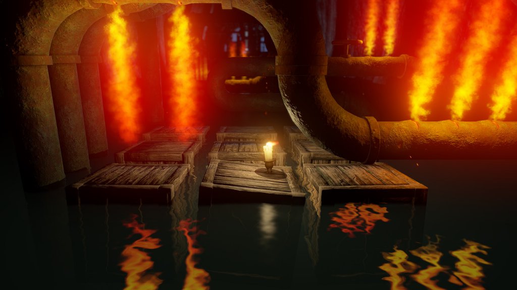 Candleman running through flaming gas pipes in the ship level