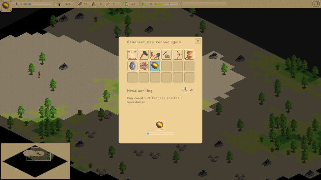 None of the technologies has a requirement, but only one technology can be researched at a time.