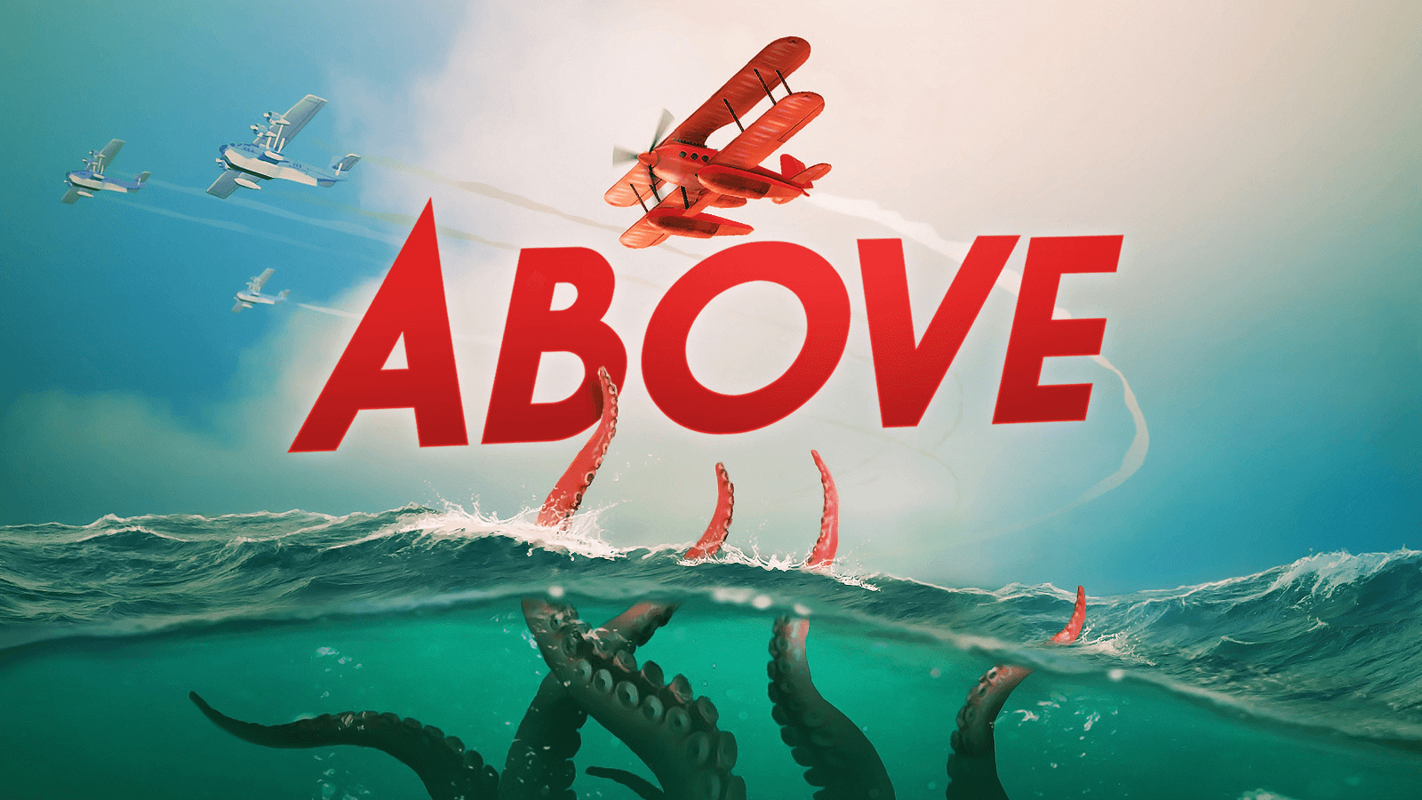 Above promotional key art, red biplane flying above an ocean with tentacles reaching out