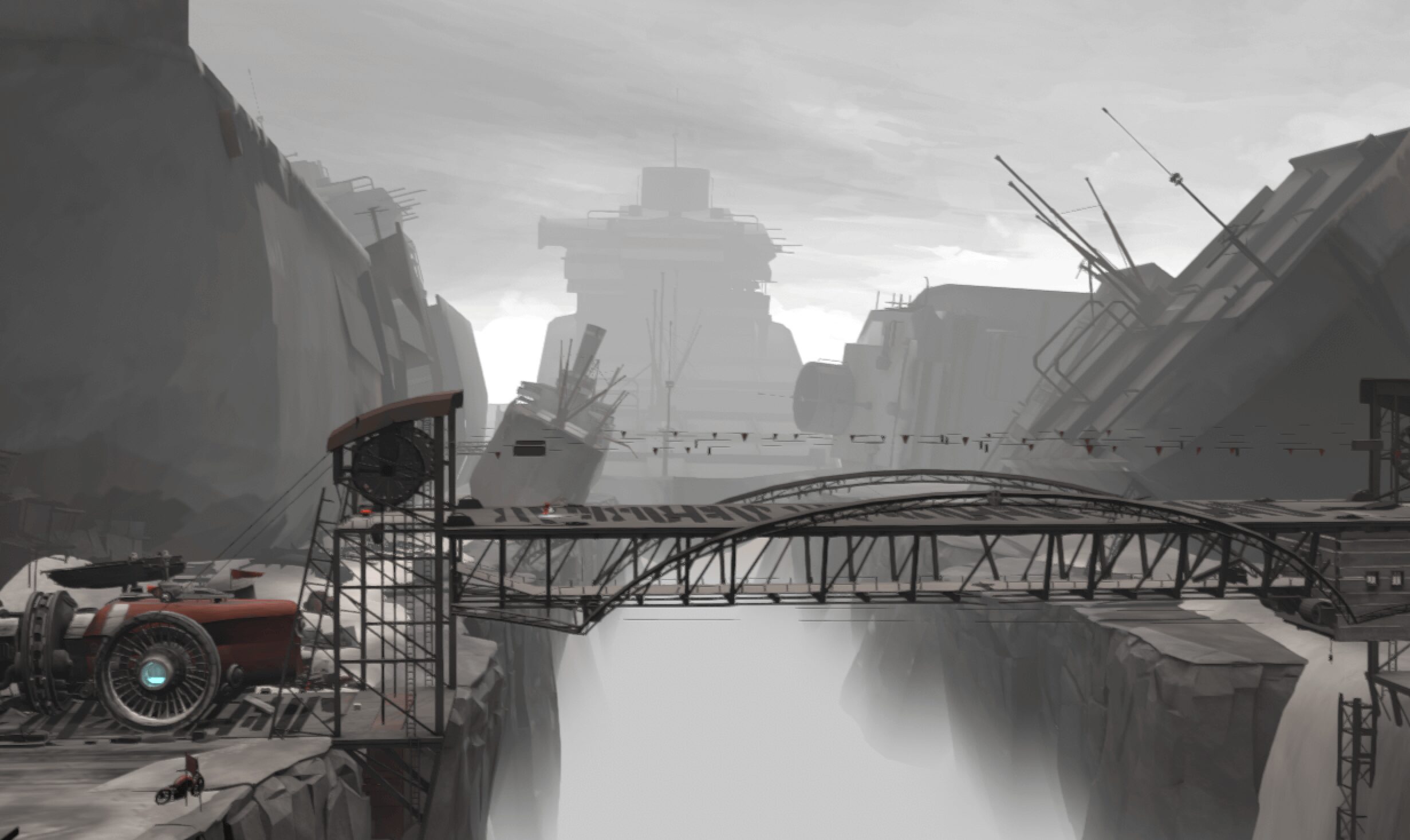 A bridge rests above a chasm in an abandoned shipyard.