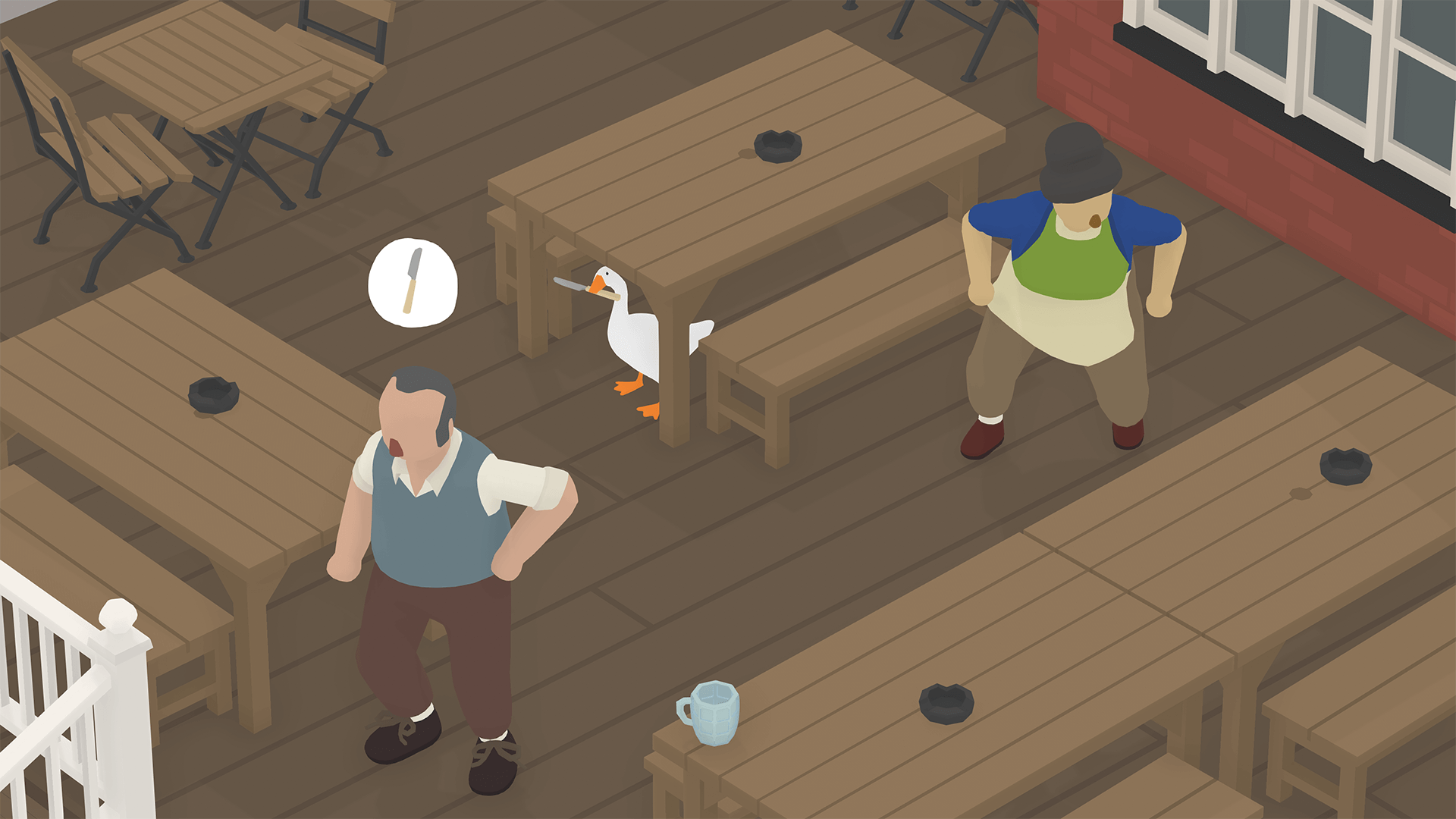 Untitled Goose Game - the goose is hiding under the table with a table knife in beak